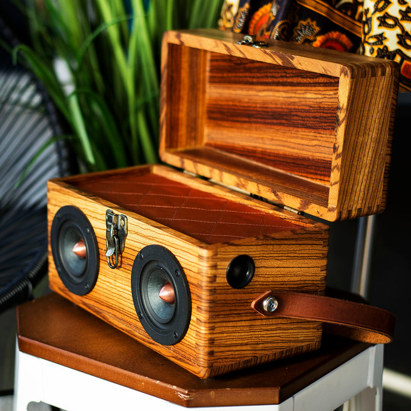 Zebra Wood 50 Watt BoomCase - Vintage Suitcase BoomBox Suitcase Speaker w/ Bluetooth